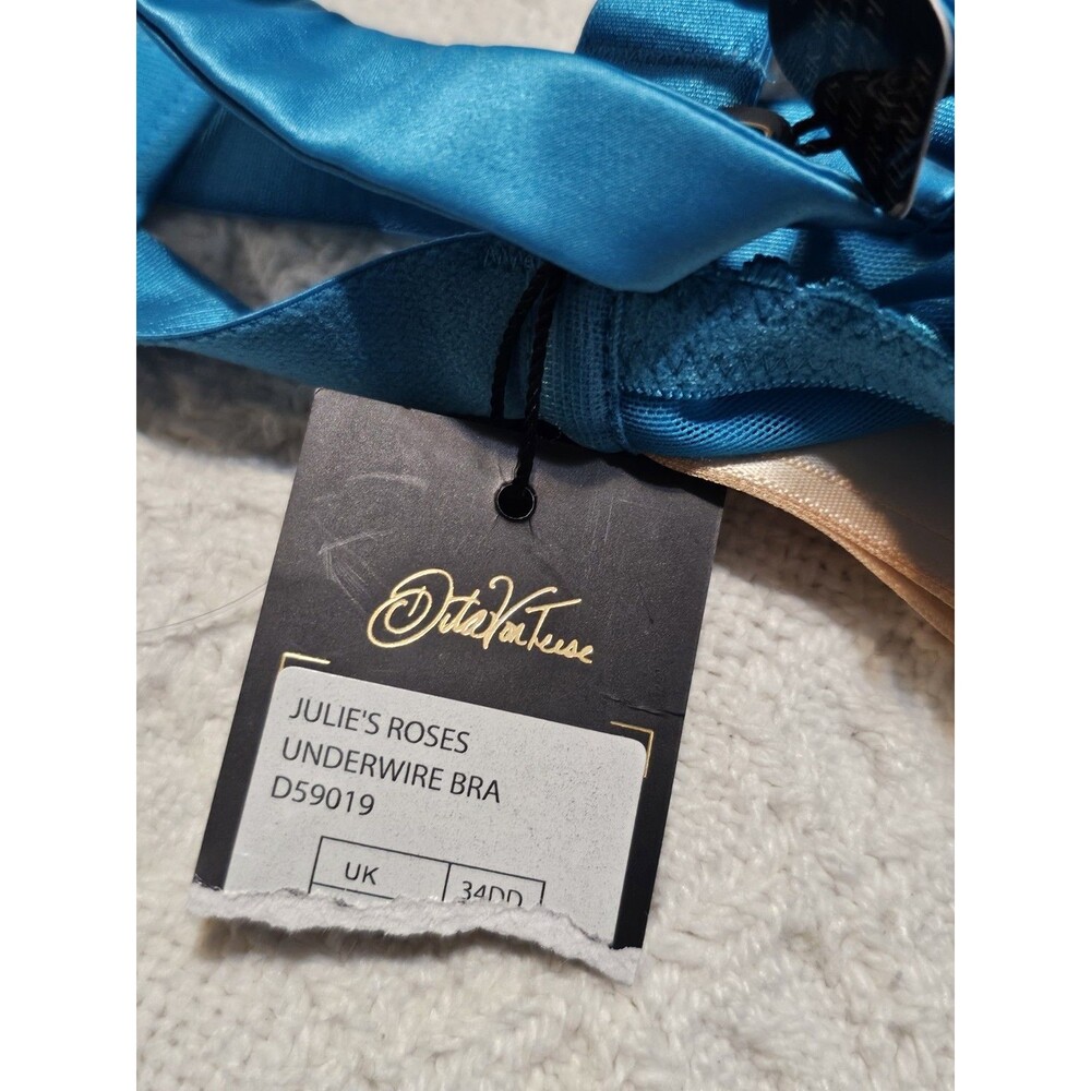 Dita Von Teese Julie's Roses Underwire Bra Blue Turquoise Sheer Floral Lace 34DD - Picture 12 of 12